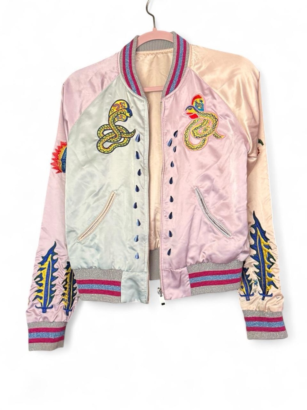Diesel Pastel Embroidered Satin Bomber Jacket - Pink & Light Blue
